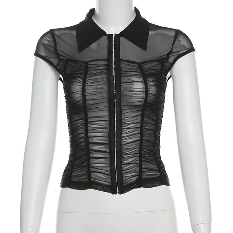 Cap sleeve mesh turnover collar ruched button top