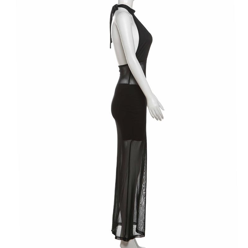 Halter hollow out mesh patchwork maxi dress