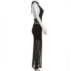 Halter hollow out mesh patchwork maxi dress
