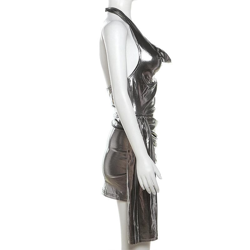 Halter ruched cowl neck metallic button mini dress