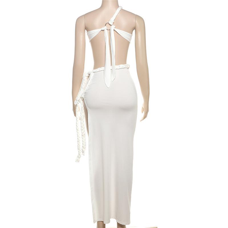 Irregular one shoulder high slit o ring self tie maxi dress