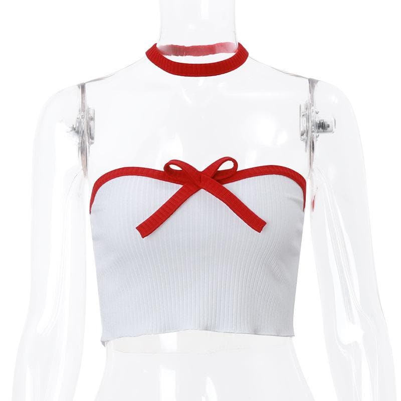 Bowknot backless contrast ribbed ruffle tube top