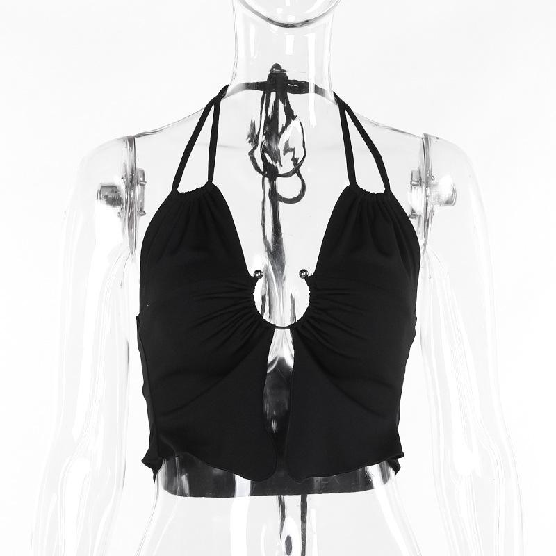 Halter ruched solid self tie crop top