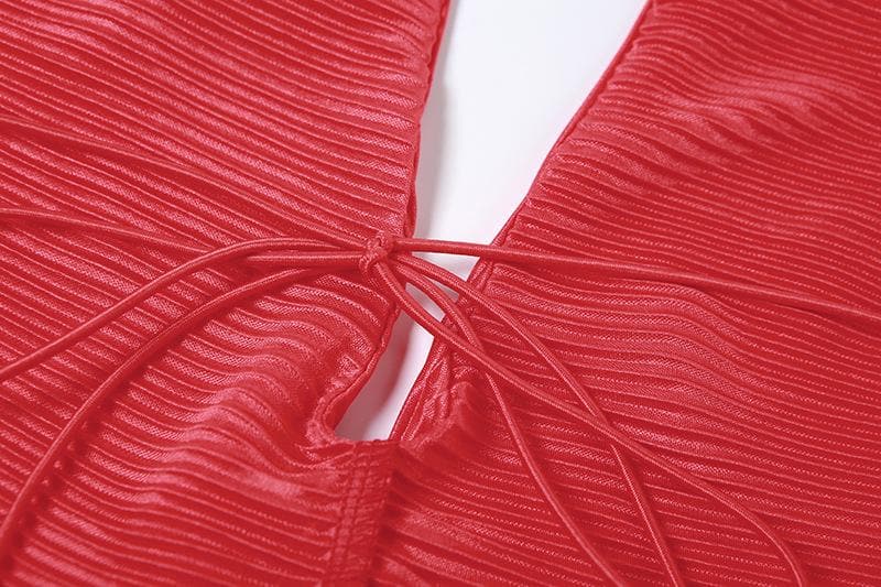 Textured gloves ruffle solid hollow out halter backless mini dress  | red tango dress