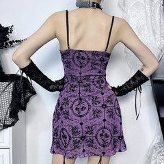 U neck velvet print mesh ruffle cami mini dress