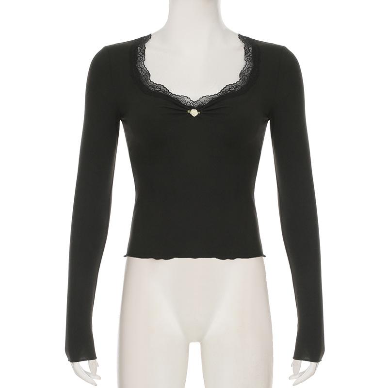 V neck long sleeve lace hem flower applique top