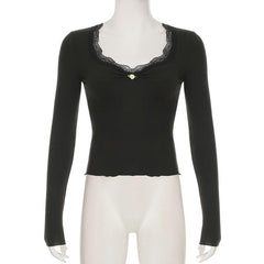 V neck long sleeve lace hem flower applique top