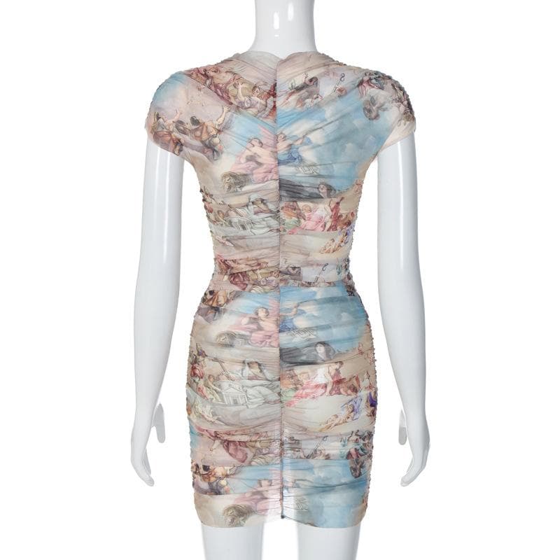 Sheer mesh see through abstract ruched short sleeve contrast mini dress  | samba dress