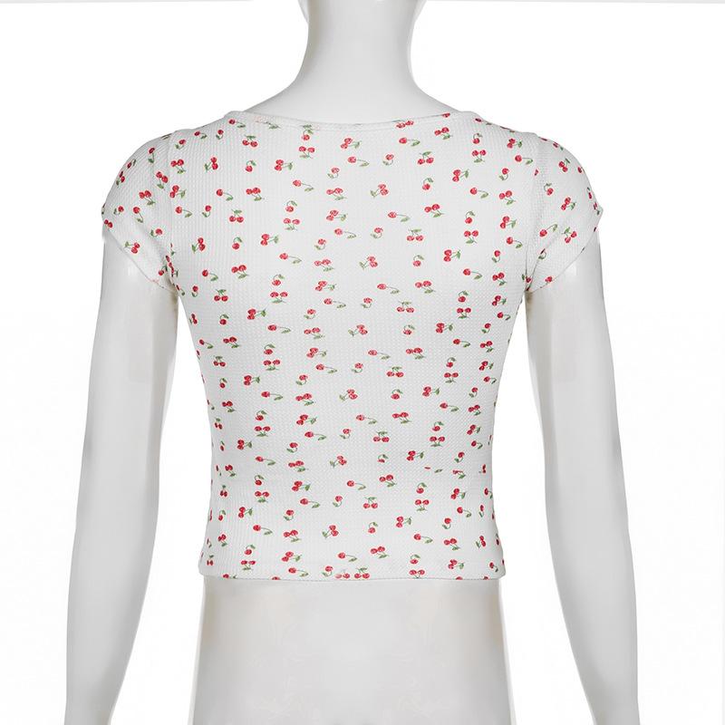 Cap sleeve textured cherry print bowknot lace hem top