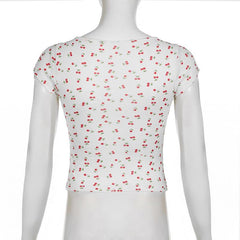 Cap sleeve textured cherry print bowknot lace hem top