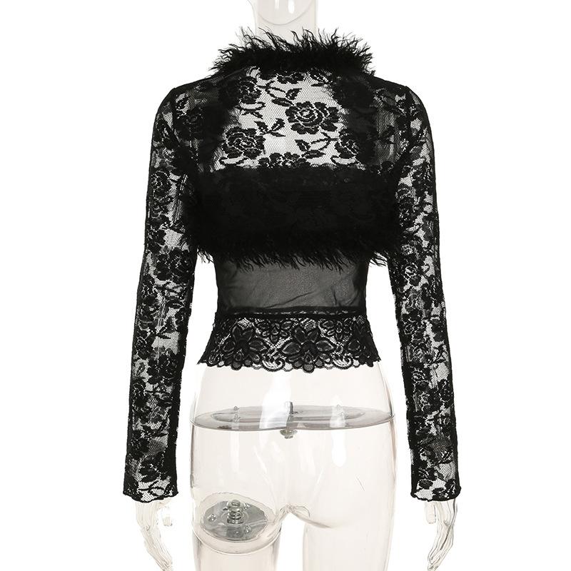 Long sleeve fluffy shrug lace tube 2 piece top