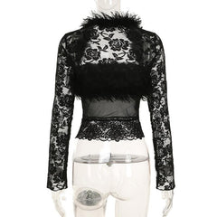 Long sleeve fluffy shrug lace tube 2 piece top