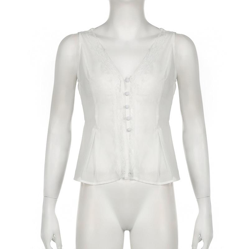 V neck button lace hem solid tank top