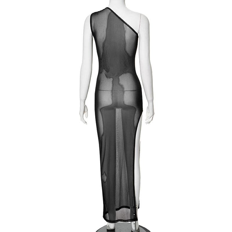 One shoulder sheer mesh print high slit maxi dress  | samba dress
