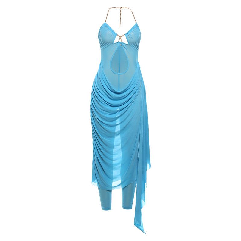 Metal chain halter ruched sheer mesh hollow out maxi dress  | samba dress