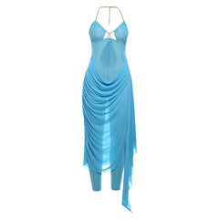Metal chain halter ruched sheer mesh hollow out maxi dress  | samba dress
