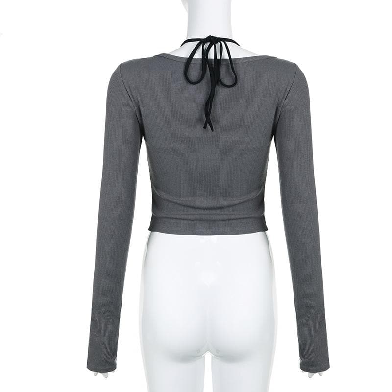 Button stitch long sleeve gloves contrast halter 2 piece crop top