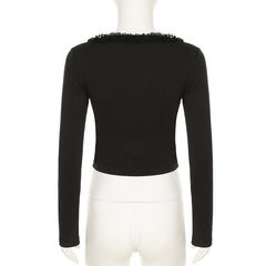 Long sleeve v neck ruffle button top
