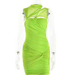 Sleeveless irregular hollow out mesh knotted ruched mini dress