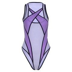 Hollow out patchwork mesh see through bodysuit