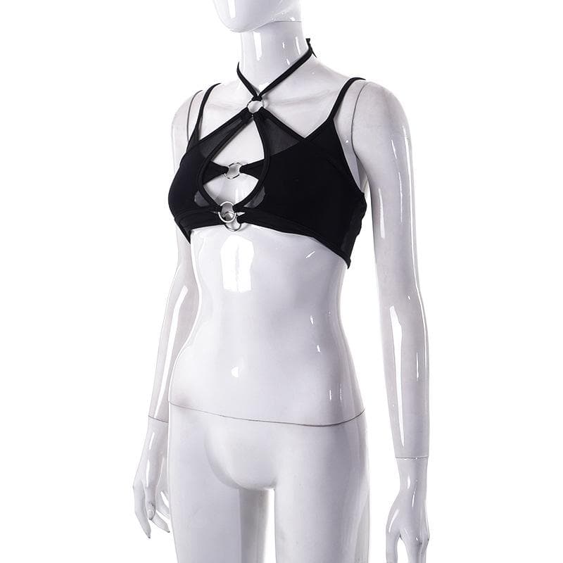 Mesh halter o ring solid hollow out backless patchwork crop cut out top