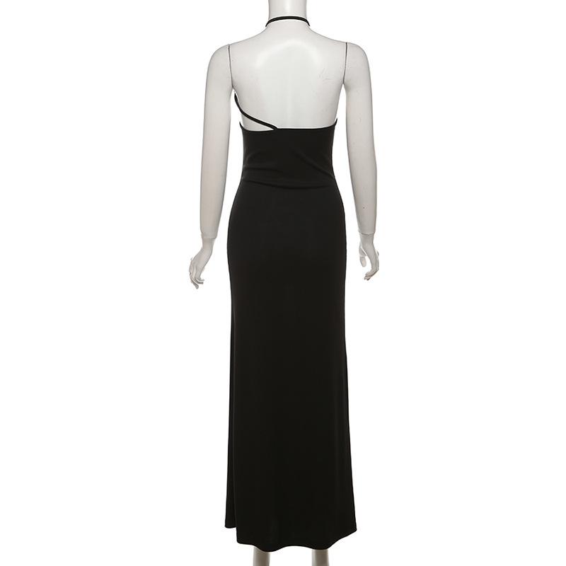 Halter Hollow out irregular solid maxi dress