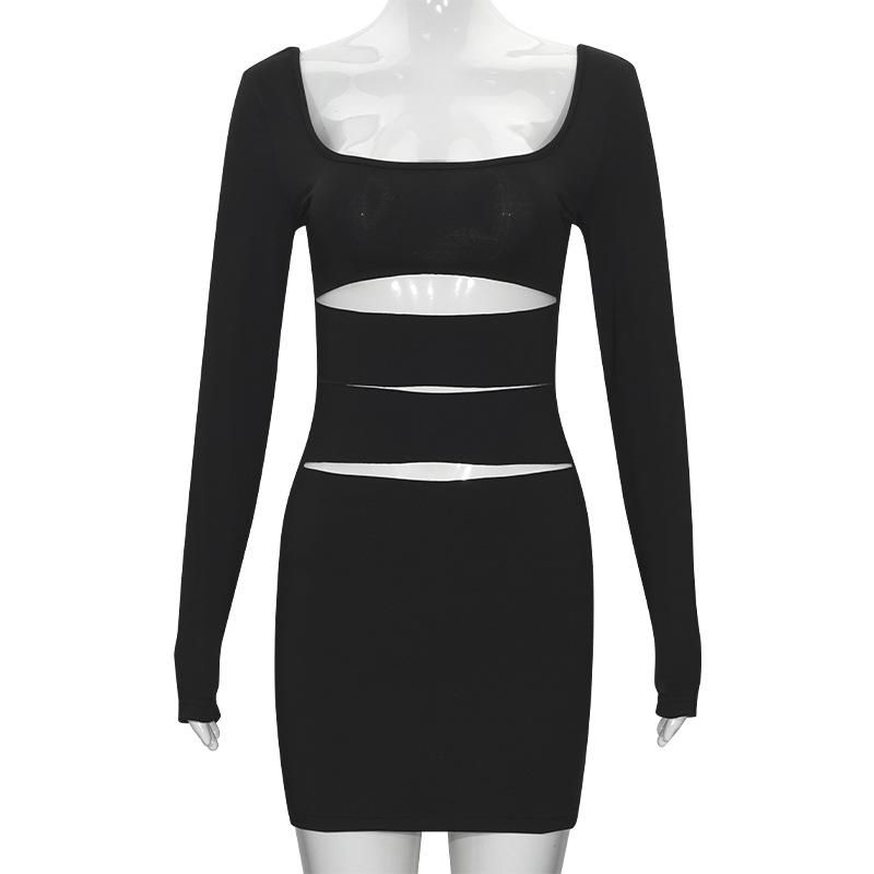 U neck long sleeve hollow out backless mini dress