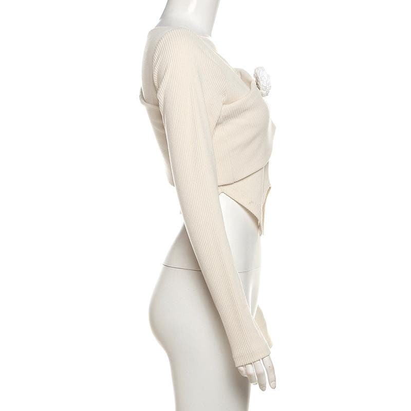 Long sleeve one shoulder flower applique ribbed crop top