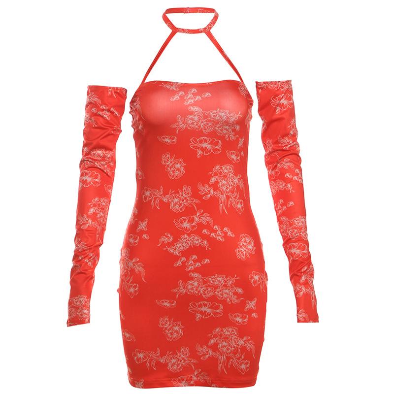 Halter gloves print ruched backless mini dress  | red tango dress