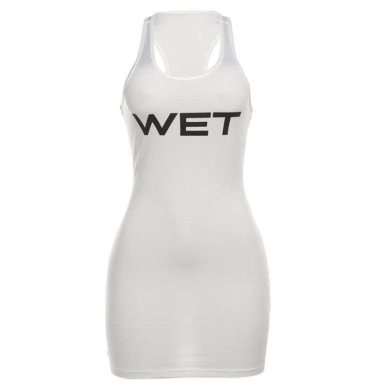 U neck “WETâ€?print sleeveless tank mini dress