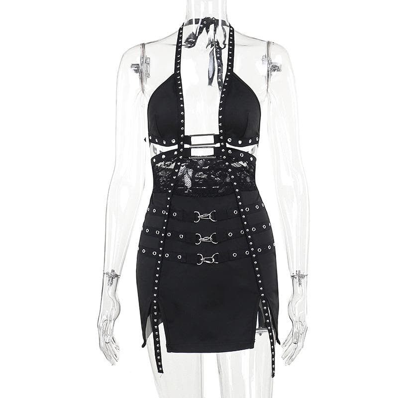 Halter buckle slit backless hollow out cut out mini dress