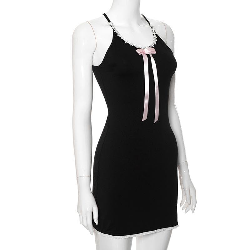 Bowknot ribbon lace hem u neck cross back backless cami mini dress  | black rave dress