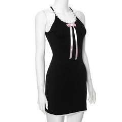 Bowknot ribbon lace hem u neck cross back backless cami mini dress  | black rave dress