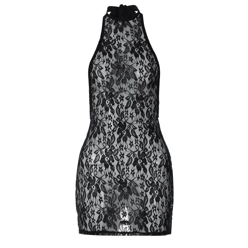 Lace see through halter backless solid mini dress  | red tango dress