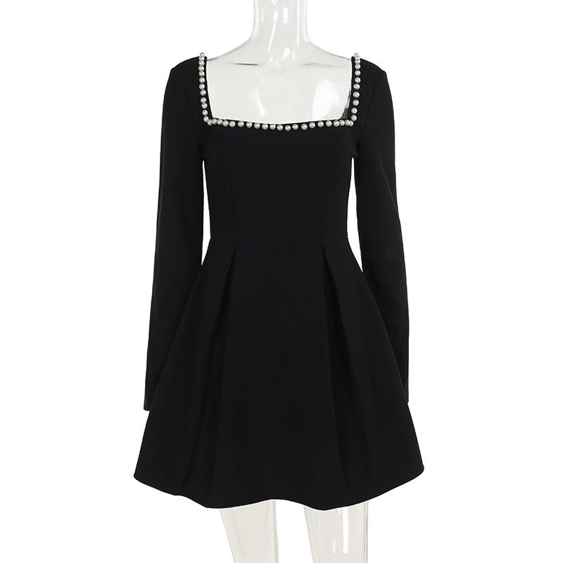 Square neck long sleeve beaded mini dress