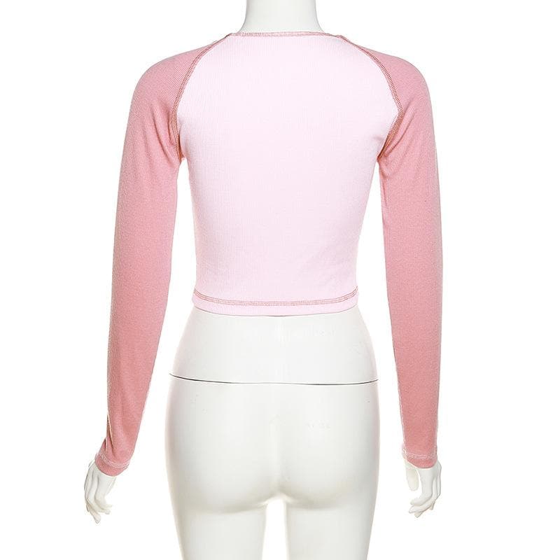 Long sleeve cat pattern notch neck stitch ribbed contrast crop top