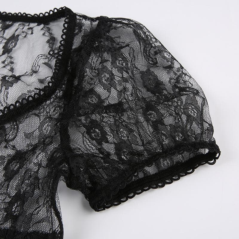 Lace short sleeve button see through ruffle solid top
