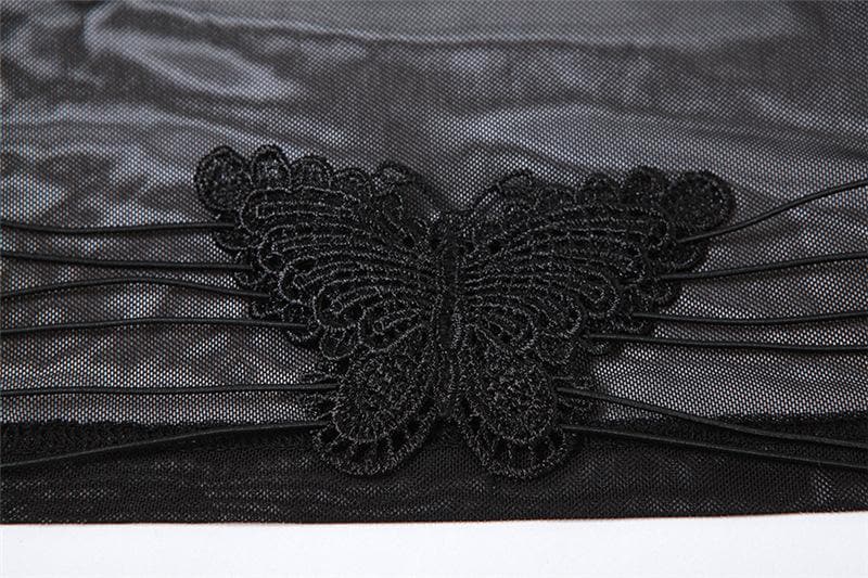 Sheer mesh butterfly applique see through backless solid top