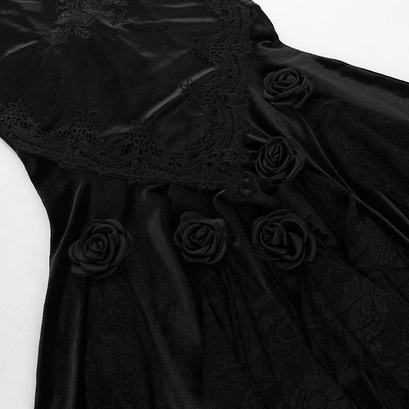 Velvet embroidery flower applique lace hem ruched maxi skirt