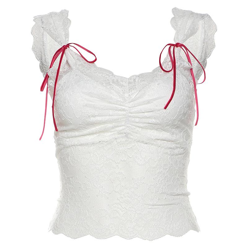 Lace bowknot ruched patchwork cami top