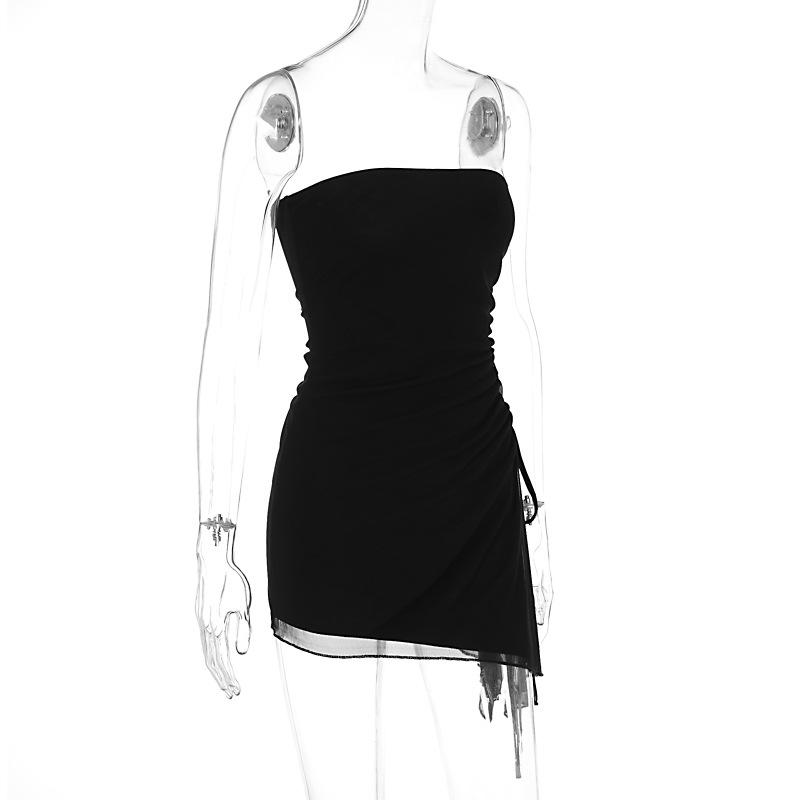 Drawstring ruched mesh irregular tube mini dress  | red tango dress