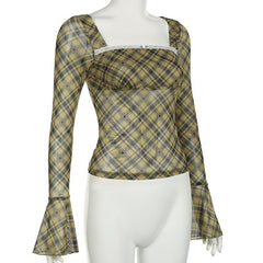 Long flared sleeve plaid print lace hem top