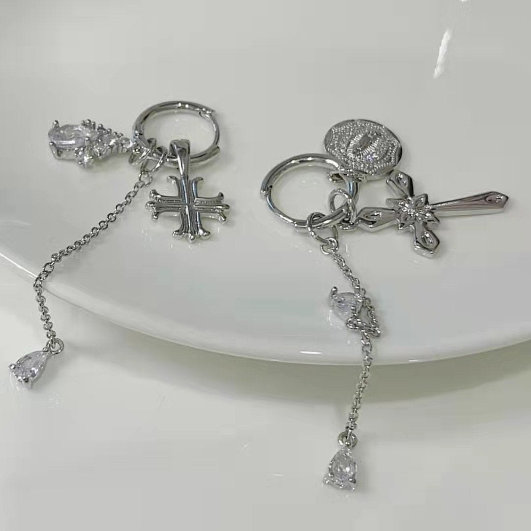 Cross pendant metal chain drop earrings