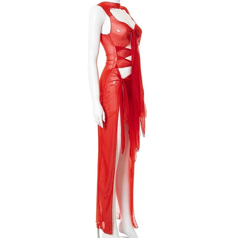 Sheer mesh see through knotted hollow out slit maxi dress  | red tango dress  | samba dress