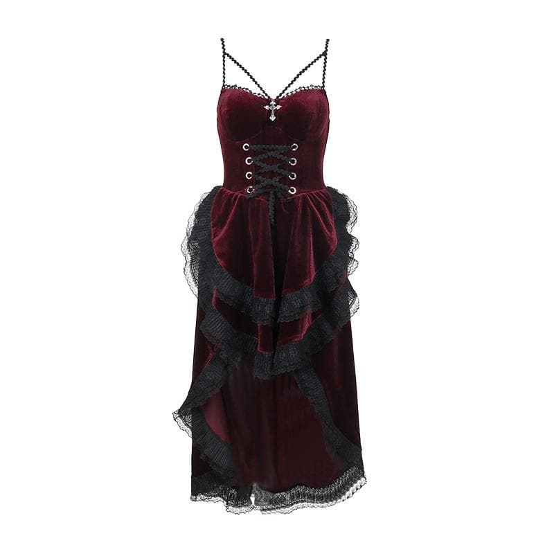 Velvet lace hem ruched lace up backless irregular midi dress  | red tango dress