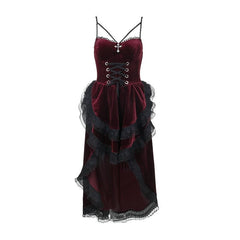 Velvet lace hem ruched lace up backless irregular midi dress  | red tango dress