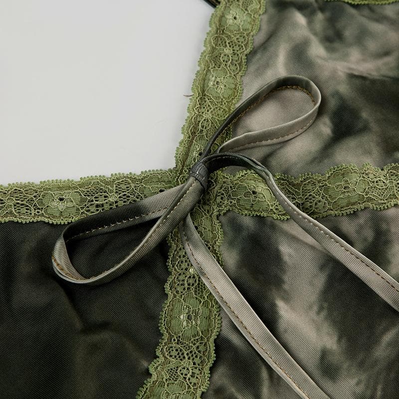 Tie dye lace hem bowknot v neck cami mini dress
