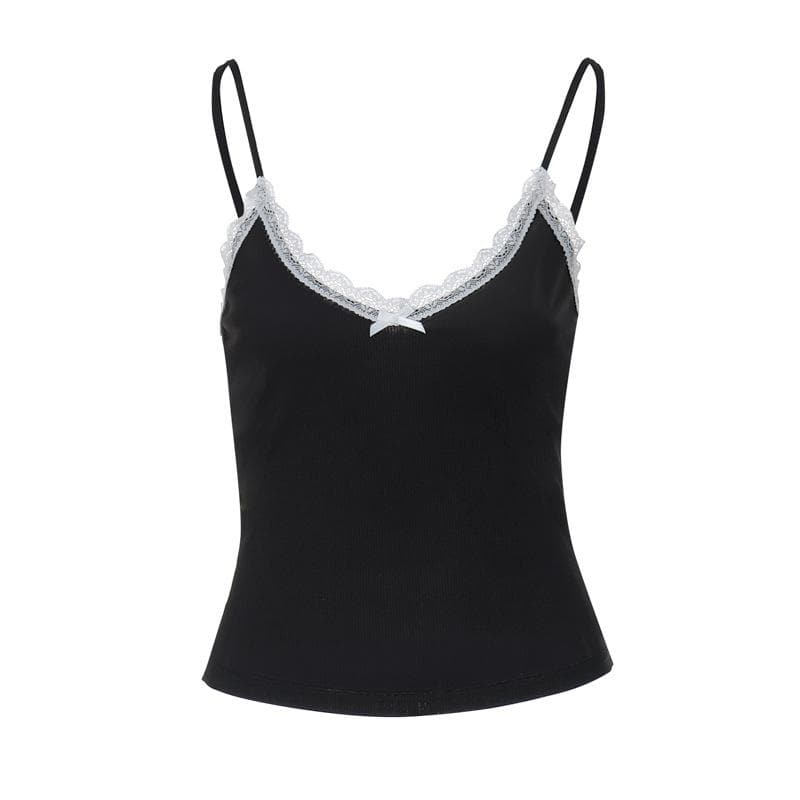 Bowknot lace hem v neck contrast cami top