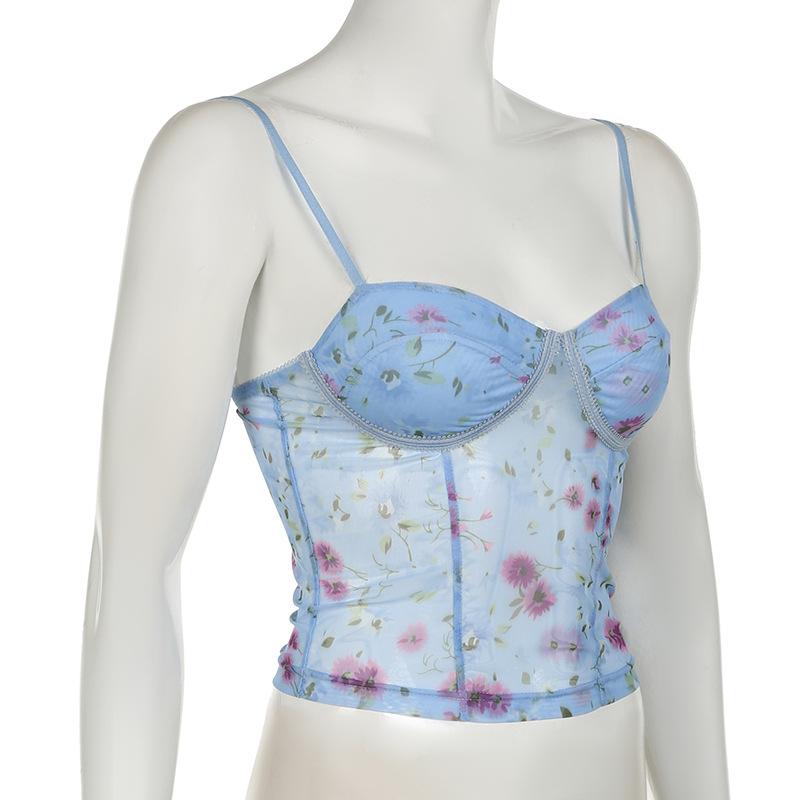 Mesh flower print stitch bustier lace hem cami top