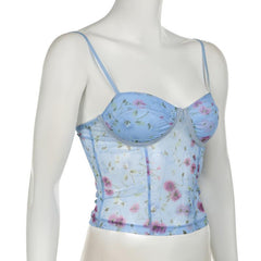 Mesh flower print stitch bustier lace hem cami top